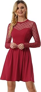Women's Heart Mesh Sheer Long Sleeve Gothic Cocktail Wedding Guest Skater Party Short Dress