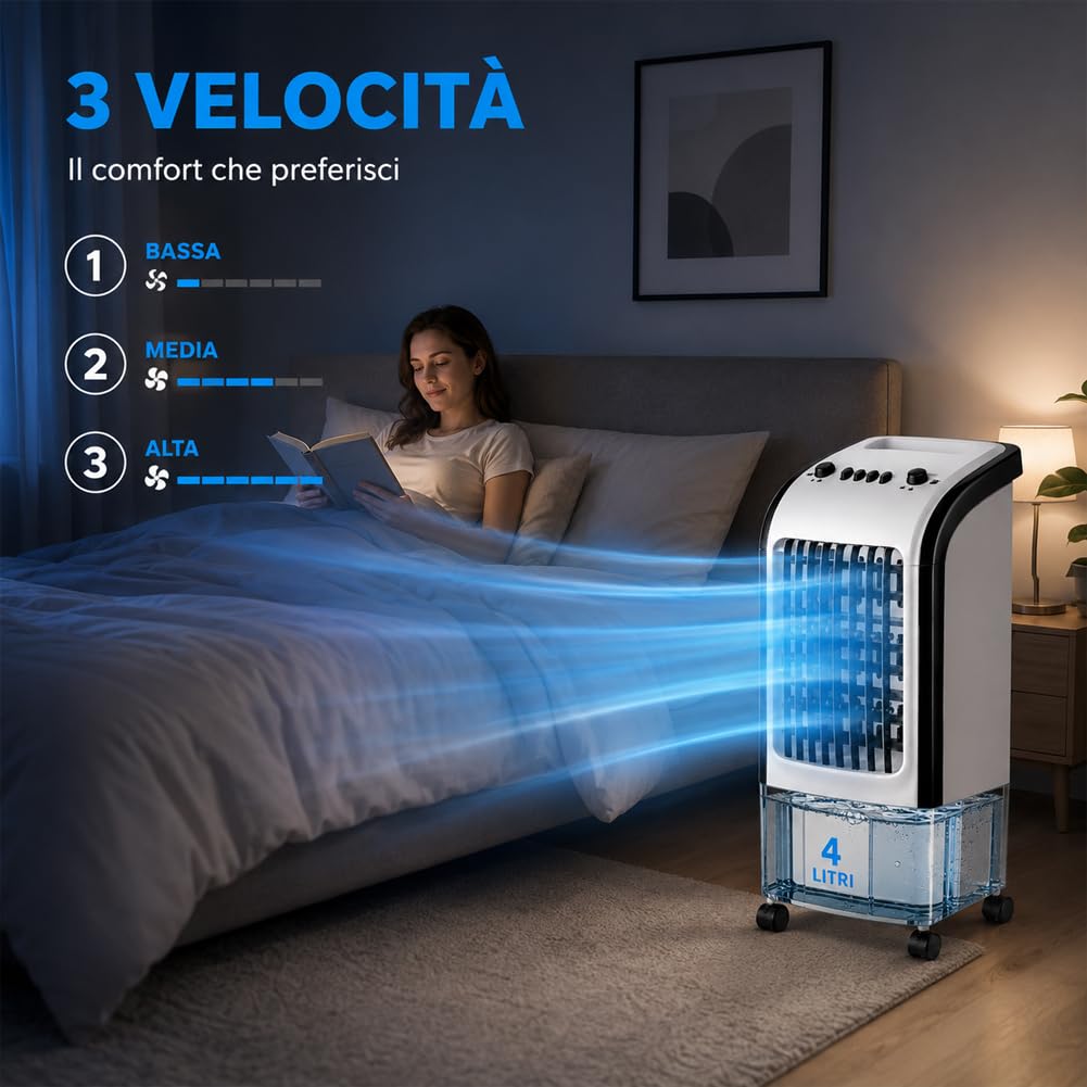 BAKAJI Raffrescatore d'Aria Portatile 3 in 1 con 2 Ghiaccioli, Nebulizzatore Ventilatore con Serbatoio d'Acqua 4 Litri, Aria Air Cooler con Ghiaccio Potenza 65 W, 28 x 28 x 58 cm
