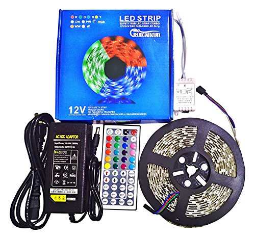Ruicaikun 5M 16.4ft SMD5050 300LEDs Waterproof Color Changing RGB LED Light Strip with 12V 5A Power Adapter and 44 Key IR Remote Control