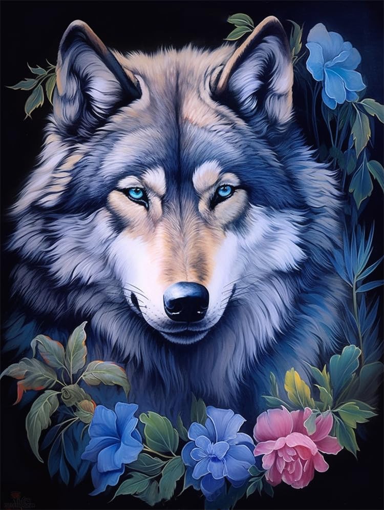 Broderie de perles animal loup pour décorer votre salon avec un tableau fait main