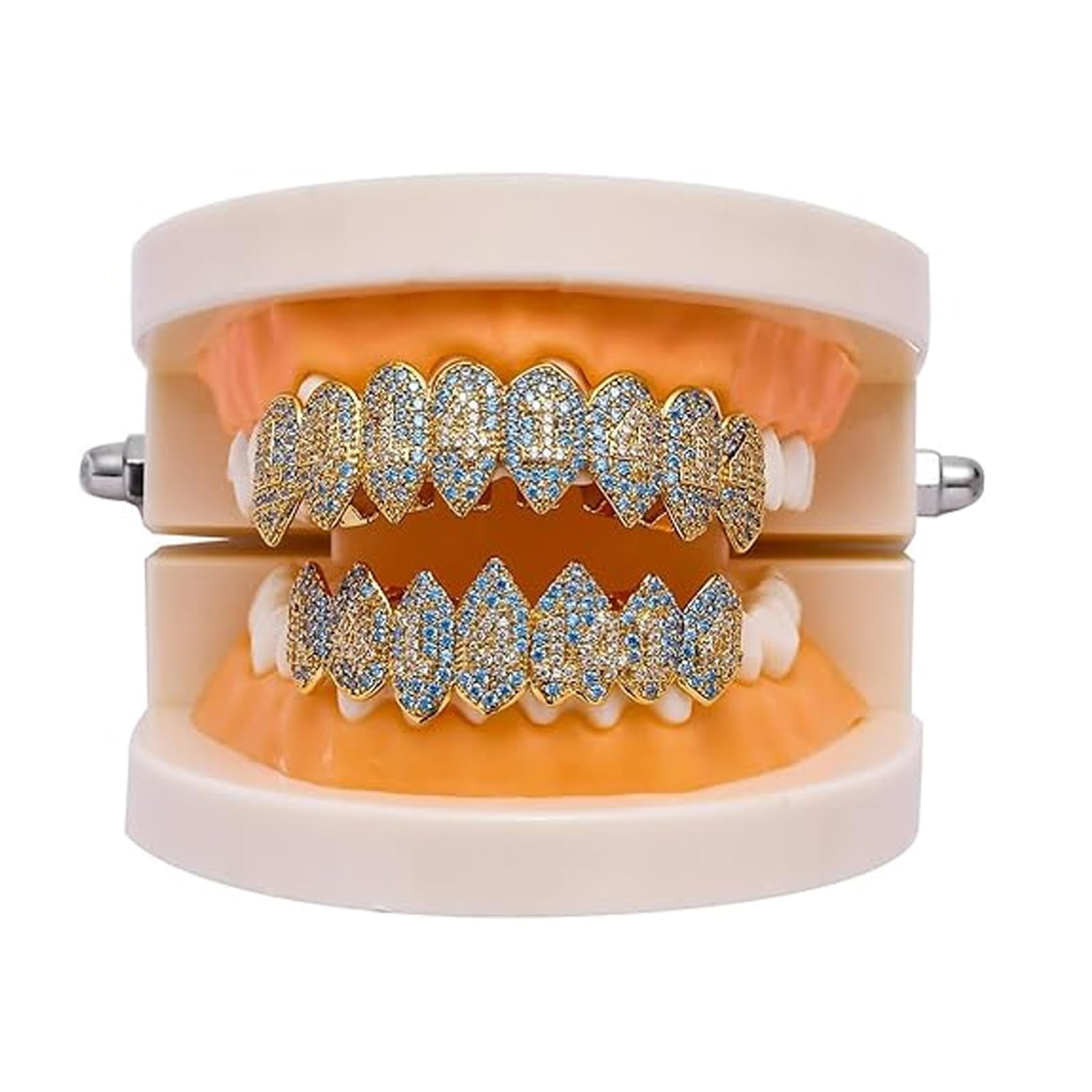 Grillz Hip Hop Placcati Oro con Strass CZ Blu & Bianco - Set di Dentari Superiori & Inferiori Regolabili Brillanti per Feste & Spettacoli