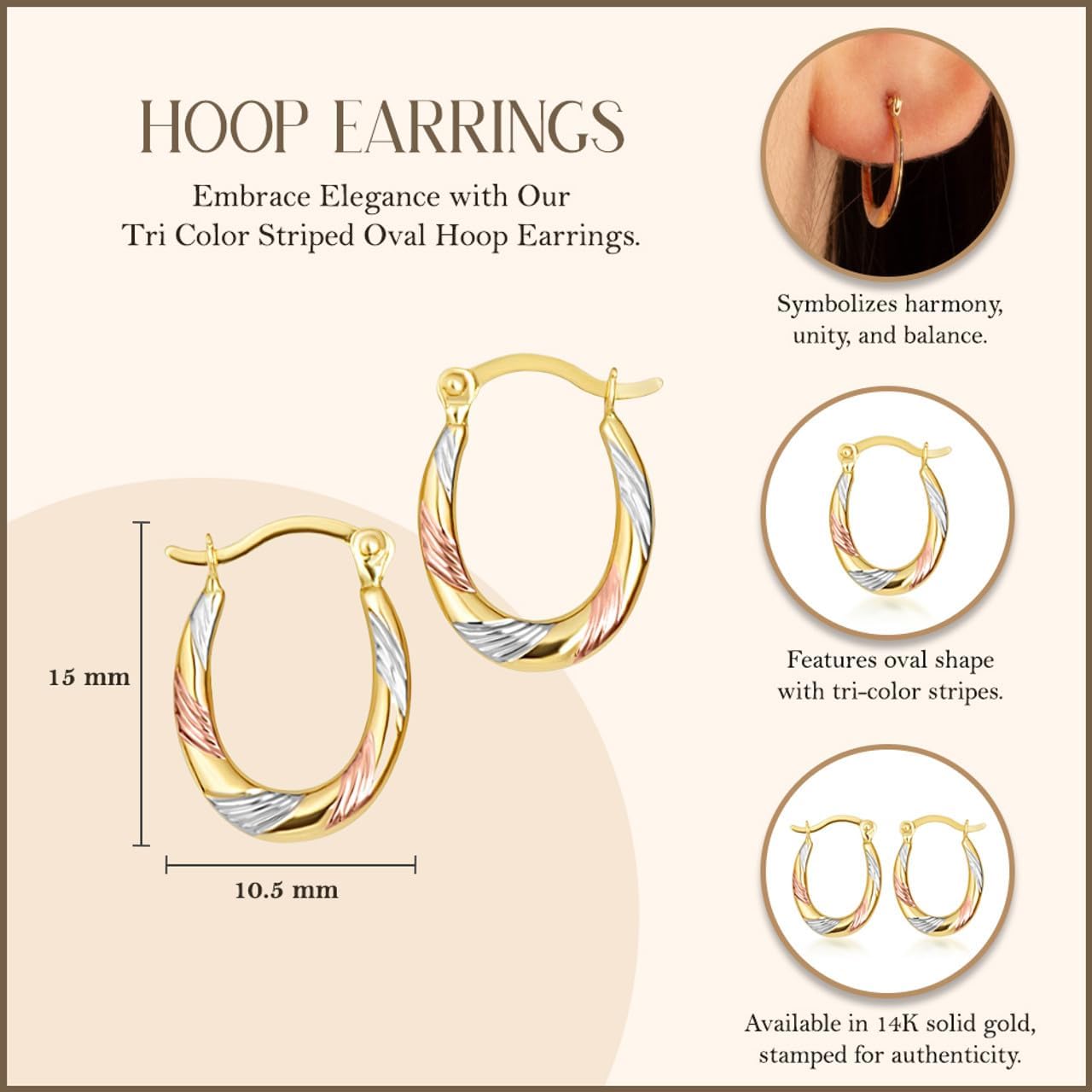 Gold Striped Oval Hoop Earrings for Women | 10K or 14K Tri-Color Yellow, White, and Rose Gold - Image 3