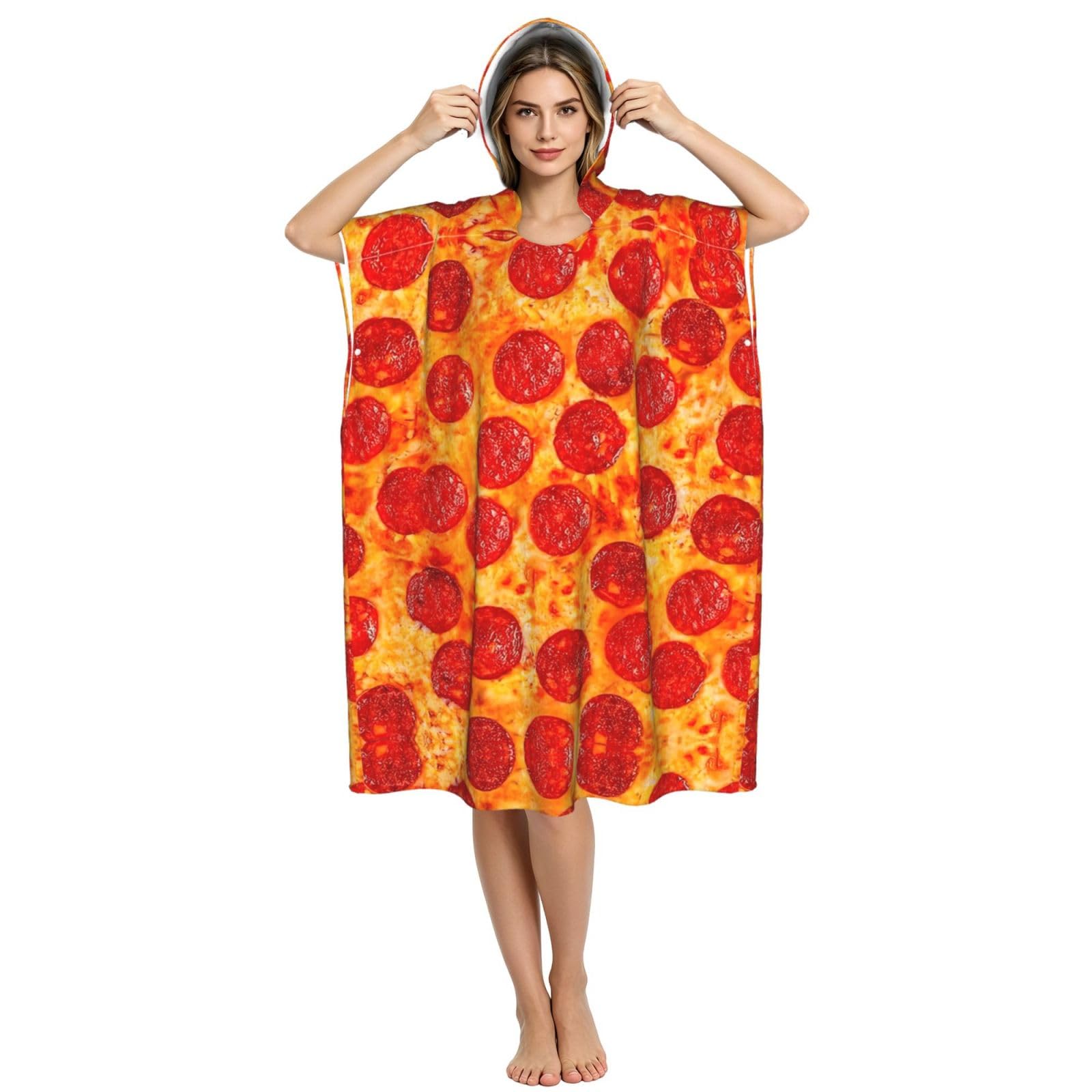 Yyoretp 3D Pizza Pepperoni Print Surf Poncho Changing Towel Swim Robe Hoodie Quick Dry Terry Cloth Swimming Cover Up