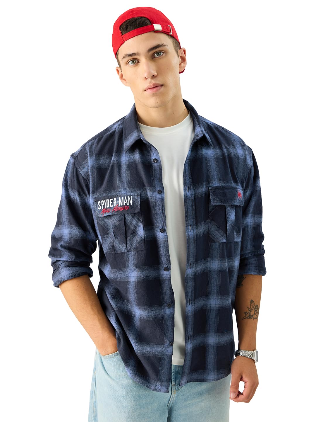 The Souled StoreOfficial Spider-Man: Plaid Power Men and Boys Long Sleeve Collared Neck Blue Regular Fit Button Down Cotton Utility Shirts