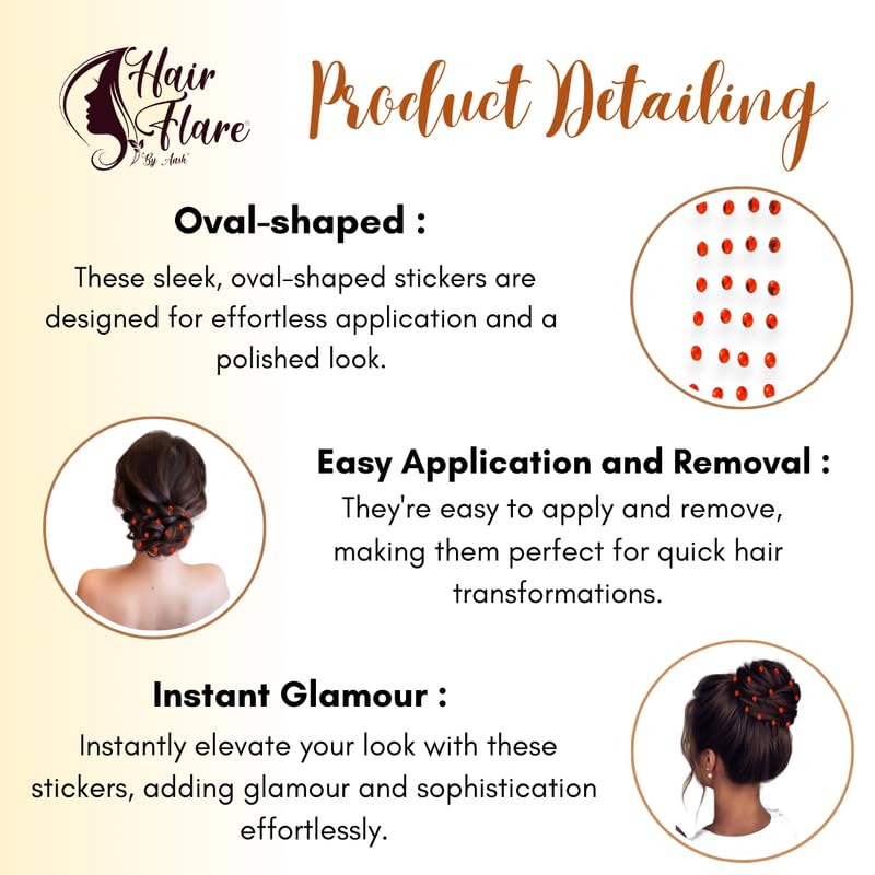 Image of Hair Flare Shimmering Oval Hair Stickers: Easy Stick-On Hair Accessories, 36 Pieces per Pack 2869 Orange