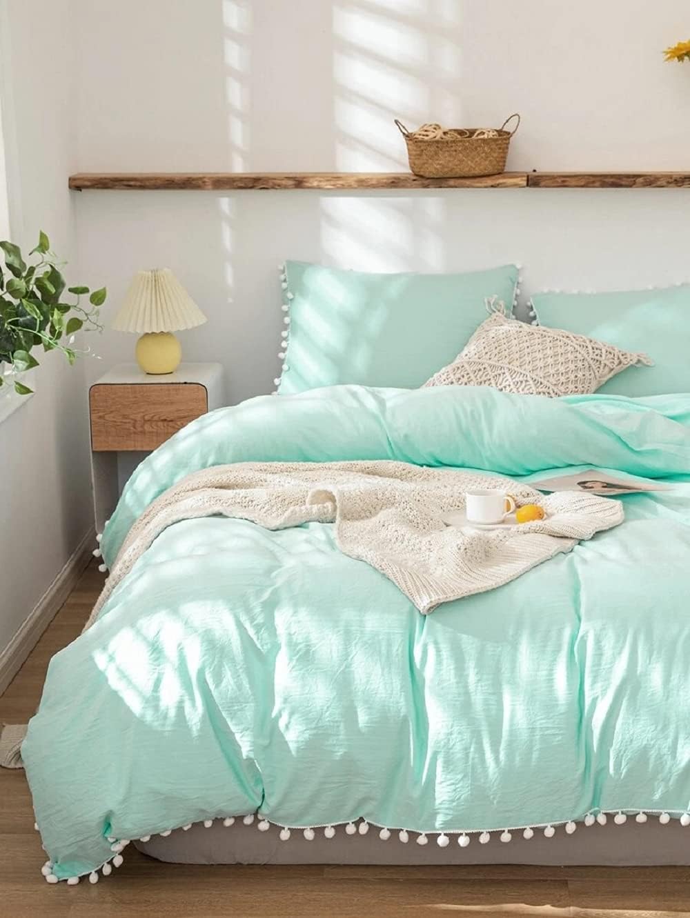 100% Washed Cotton Duvet Cover with Buttons Duvet Cover Queen Duvet Cover King Comforter Cover, Pom Pom Duvet Cover California Duvet Cover (Queen)