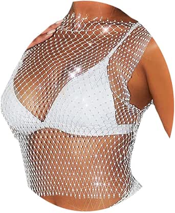 Mesh Rhinestone Fishnet Crop Top - Sparkly Hollow Rave Top For Women, Black, Medium | Party & Club Wear