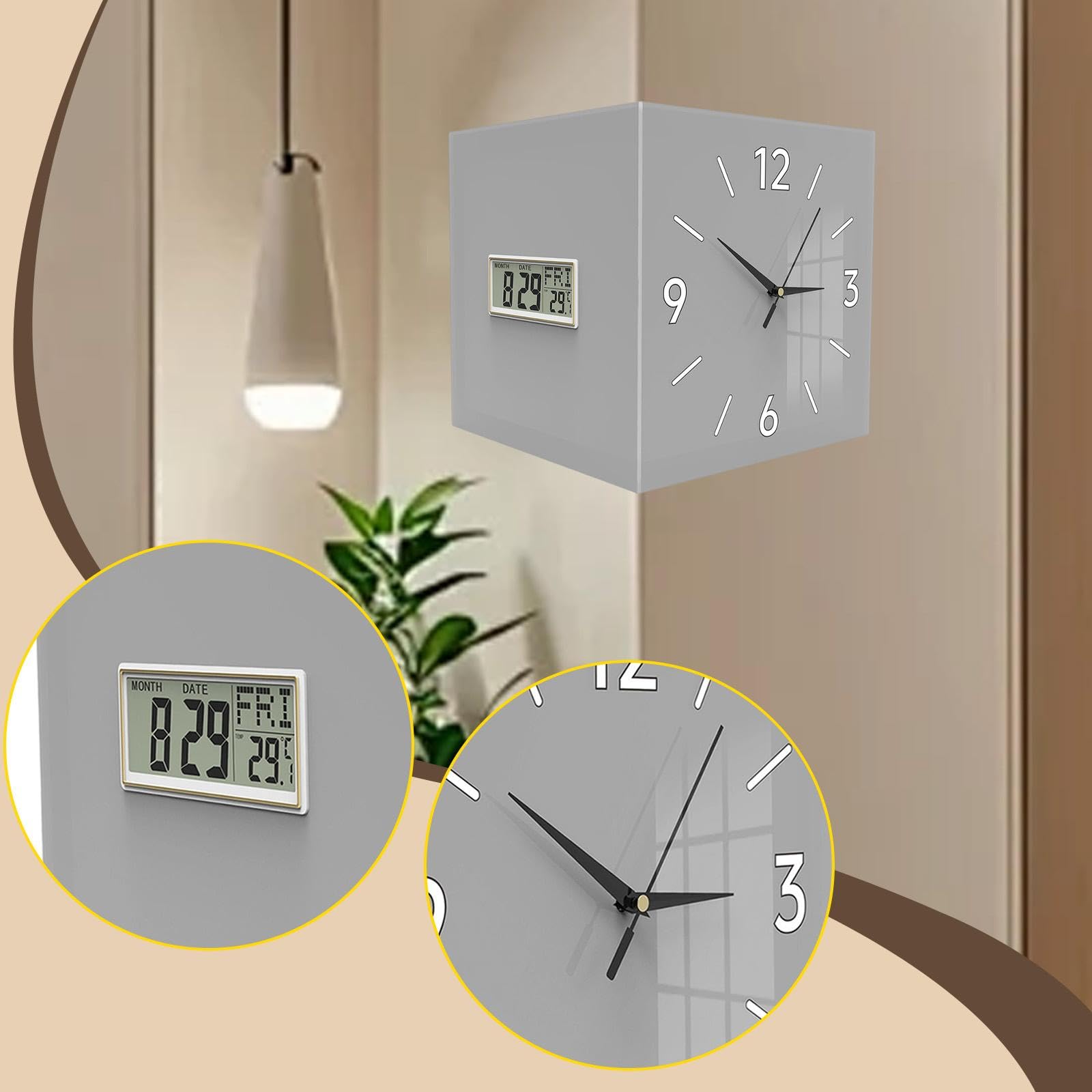 perfk Orologio da Parete angolare bifacciale Orologio Digitale con visualizzazione della Temperatura, del Mese, della Settimana per la Decorazione, Grigio