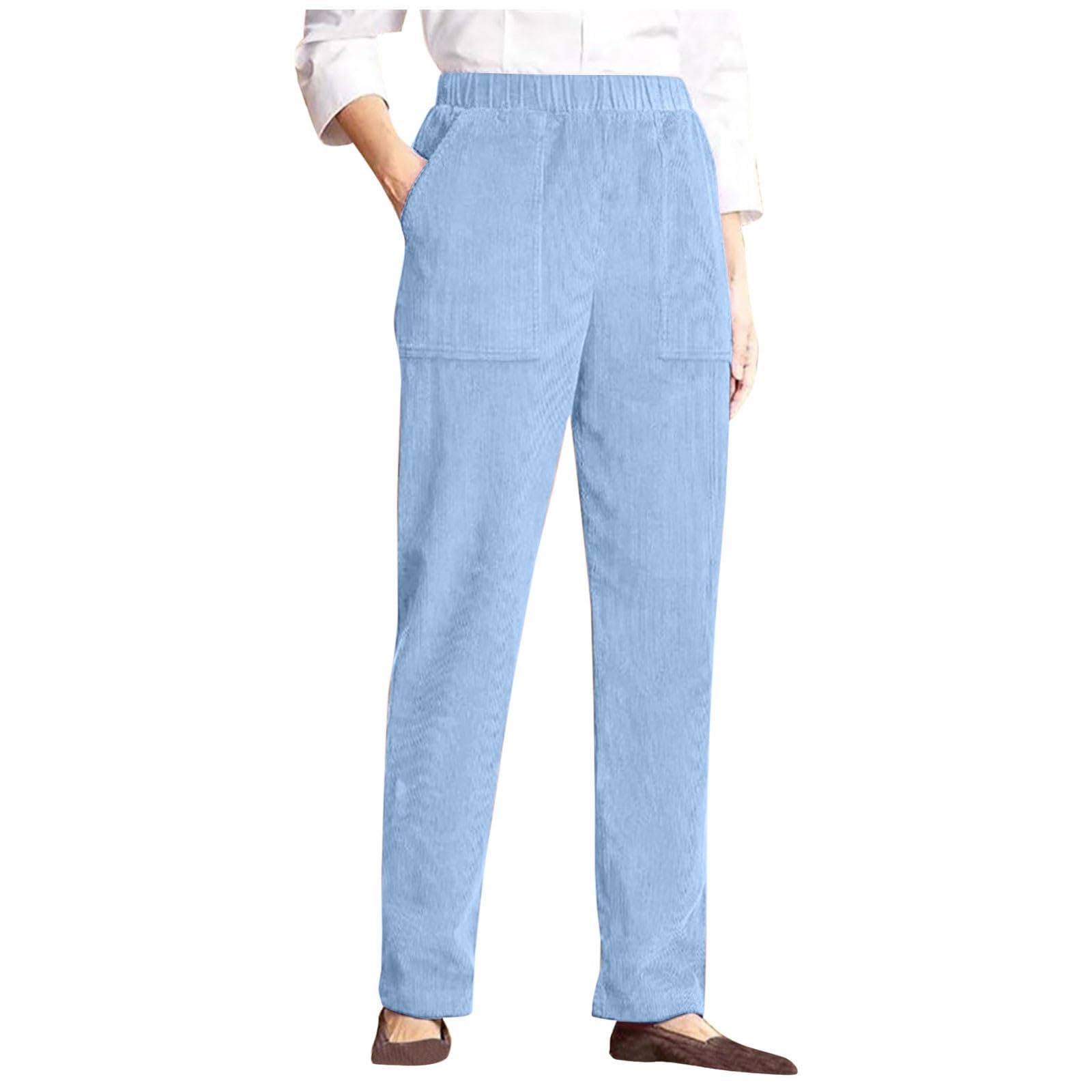 Corduroy Pants Women Elastic Waist Straight Leg Corduroy Pants with Pockets Dressy Casual Trousers Fall Bottoms