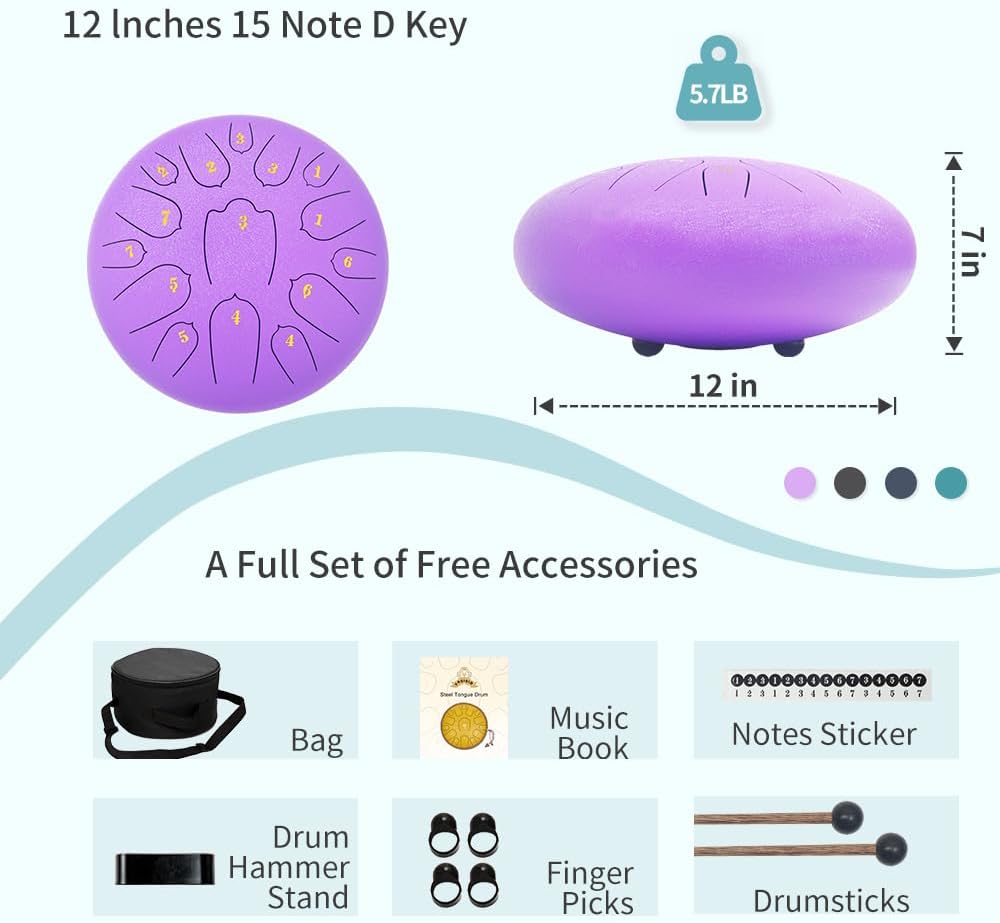 Steel Tongue Drum 12 Inches 15 Notes Musical Instruments, D Major Percussion Instrument with Soft Bag, Music Book and 2 Mallets for Meditation (puper)