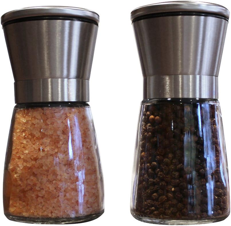 VANDEK Salt & Pepper Grinder Set - Glass Bottom with Brushed Stainless Steel Top