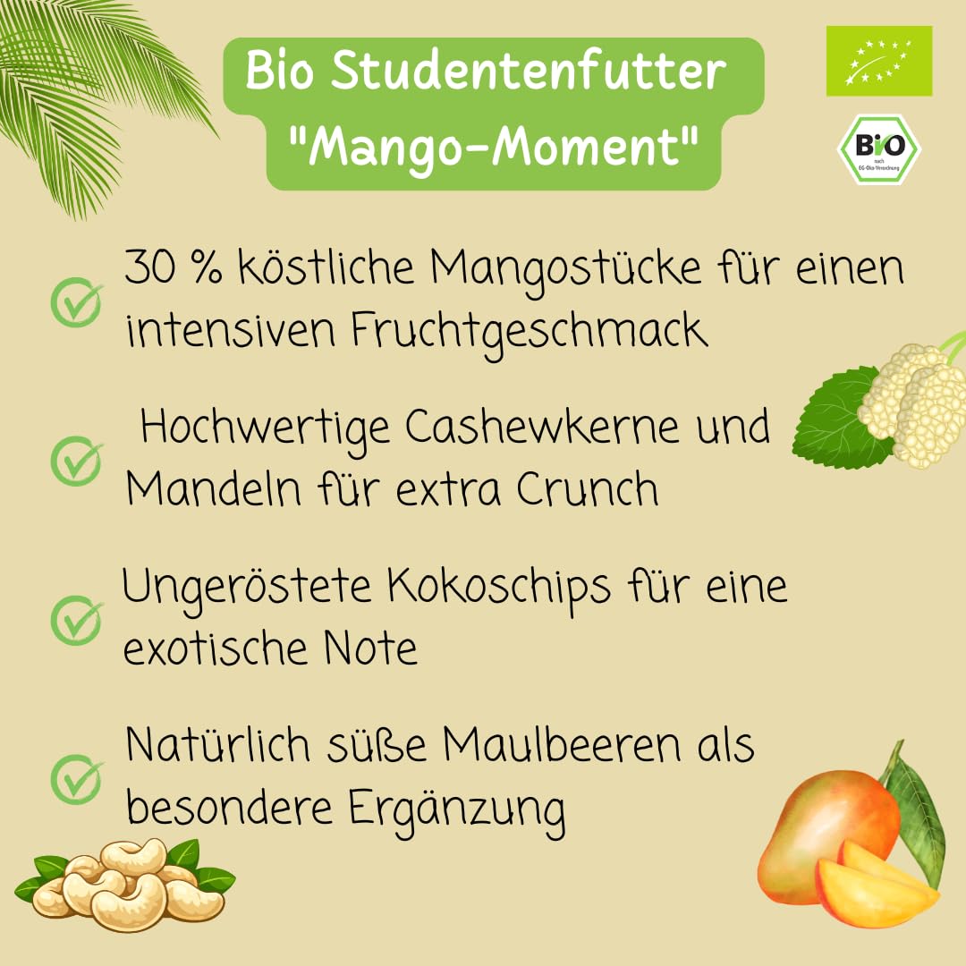 Bio Studentenfutter "Mango-Moment" | 1,0 kg | mit Mangostücken, Cashewkernen, Mandeln, Kokoschips & Maulbeeren | Exotische Nuss-Frucht-Mischung | Vegan