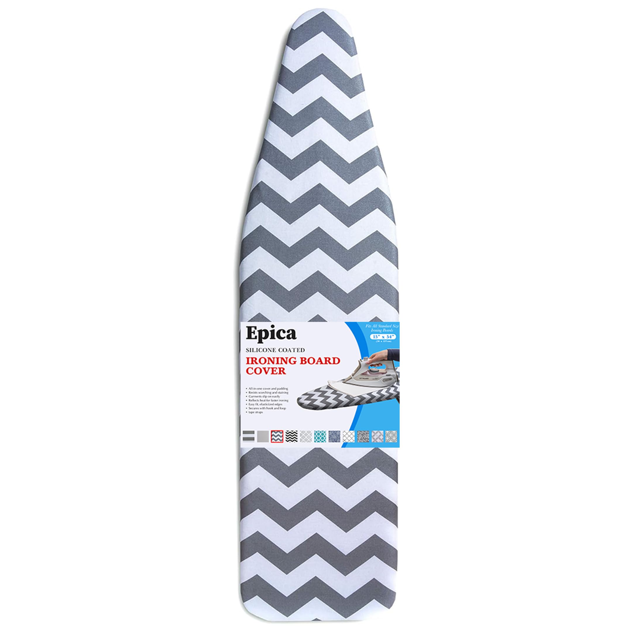 Epica Grey Chevron Ironing Board Cover And Pad - Standard Size 15X54 Padded Ironing Board Covers, Heat Reflective Coating, Thick Pads, Scorch & Stain Resistant Iron Board Cover With Padding
