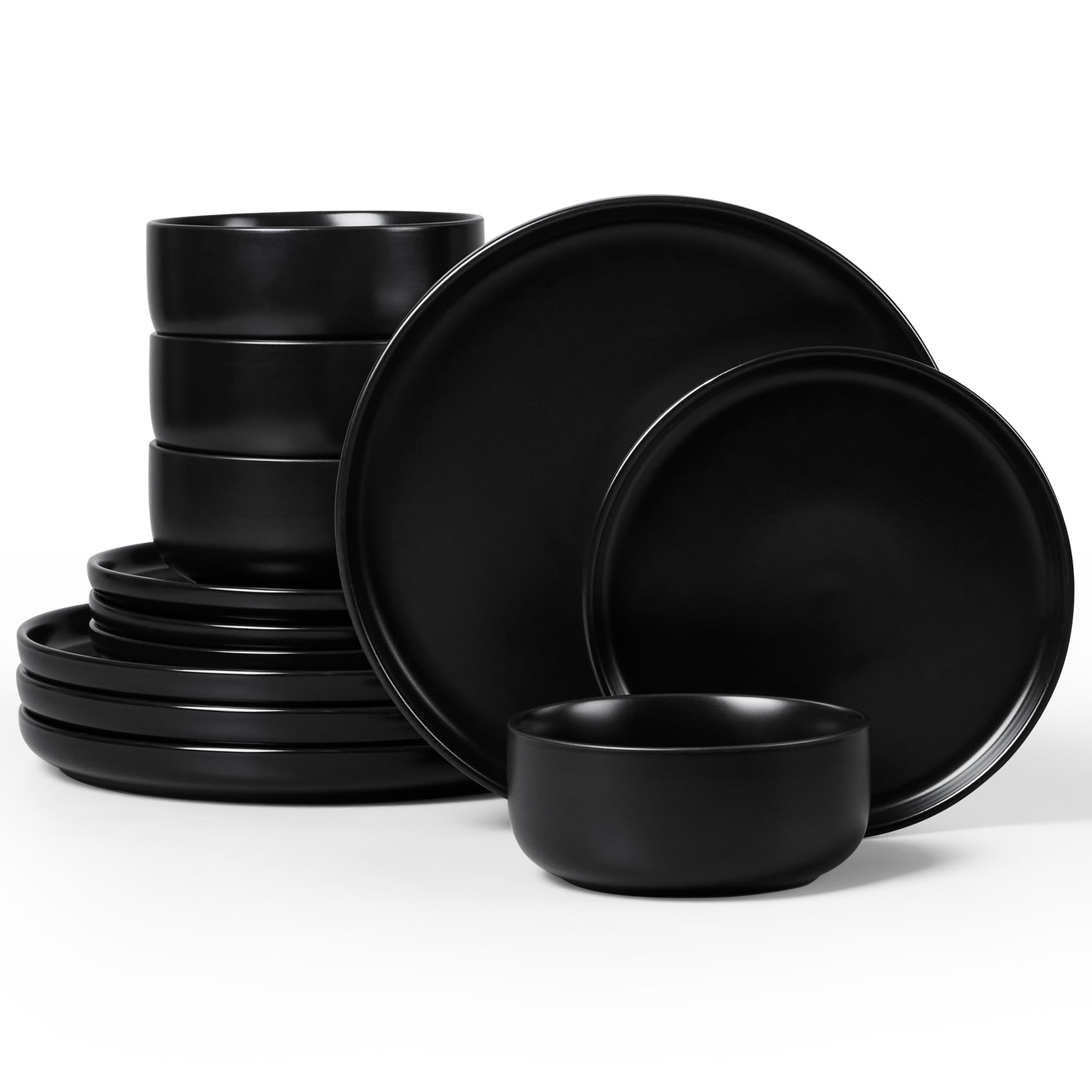 Homikit 12 Piece Dinner Set, Kitchen Stoneware Dinnerware Sets for 4 People, Included 4X Dinner Plates, 4X Side Plates and 4X Bowls, Non-Scratch, Dishwasher & Microwave Safe, Matte Black