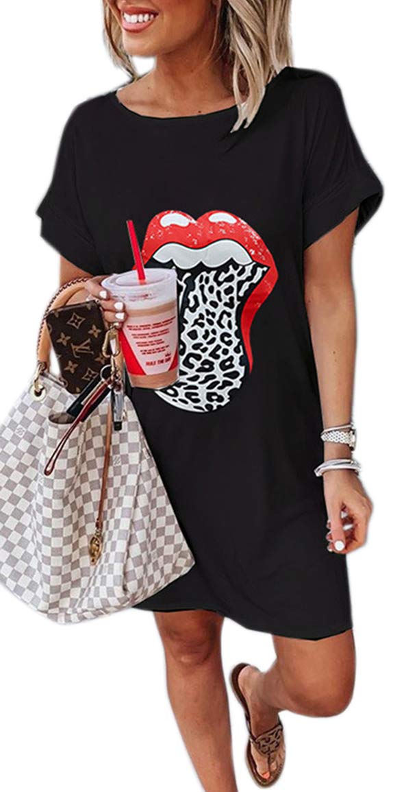 RANLUPWomen Summer Red Lips Graphic Tee Shirt Dresses Leopard Tongue O-Neck Short Sleeve Long Tunic Top Dresss