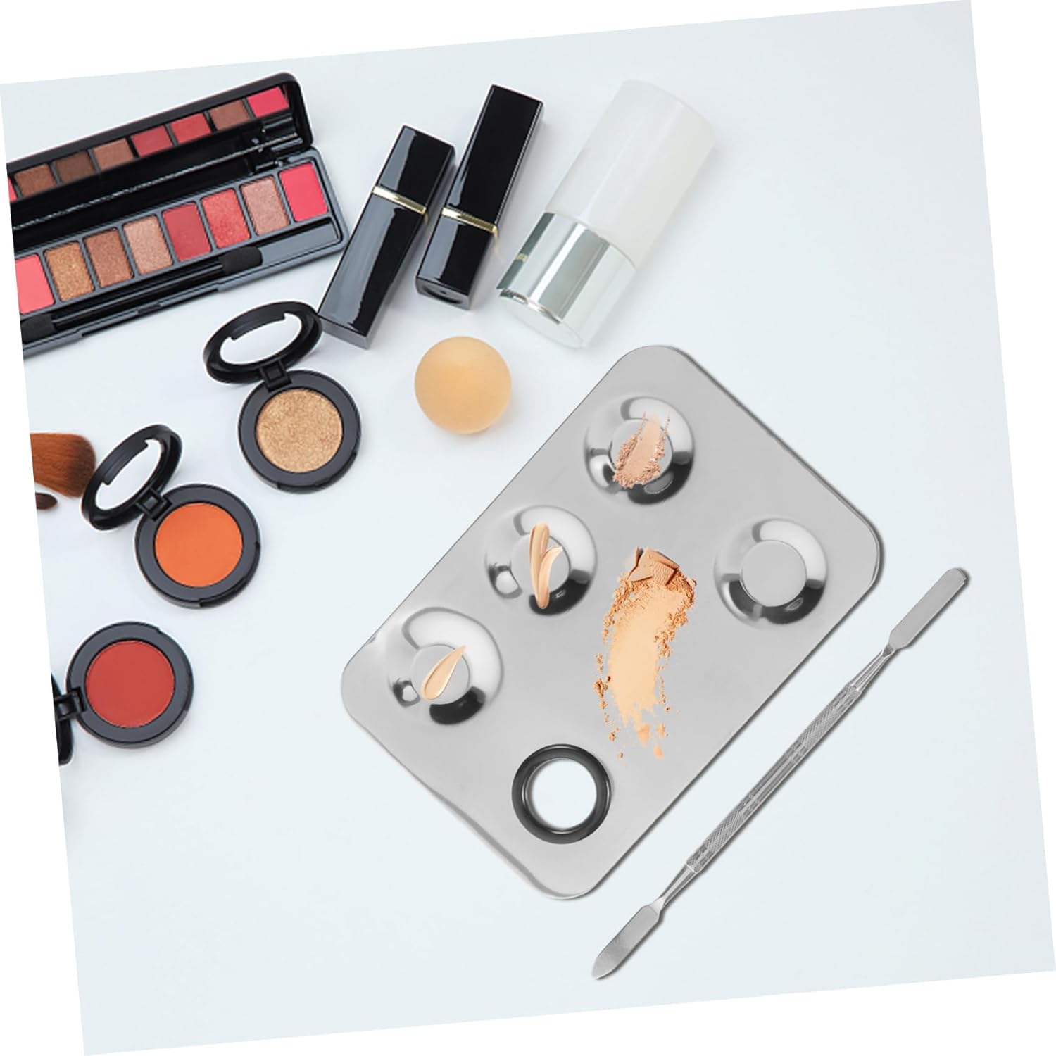 Mikinona Stainless Steel Makeup Mixing Palette with Spatula Portable Foundation and Eyeshadow Blending Plate for Cosmetic Application and Color Mixing Set