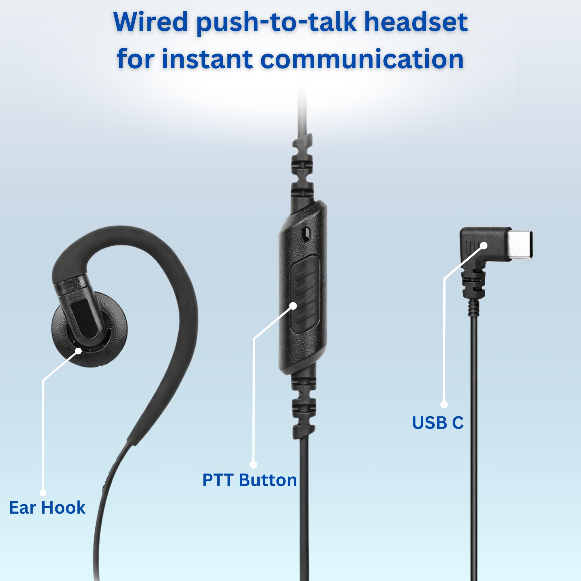 Casque USB C Push-to-Talk - Oreillette en forme de C avec micro PTT intégré et embout amovible - Compatible avec MS Teams et application Talkie Walkie Zello - VP PTT S27