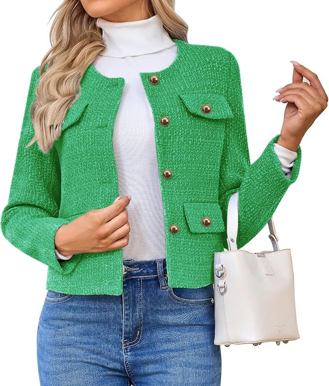 HUEOBIR Jaquetas femininas de tweed blazers, casual, de manga comprida, com botões, para negócios, curto, casual, cropped, Verde, PP