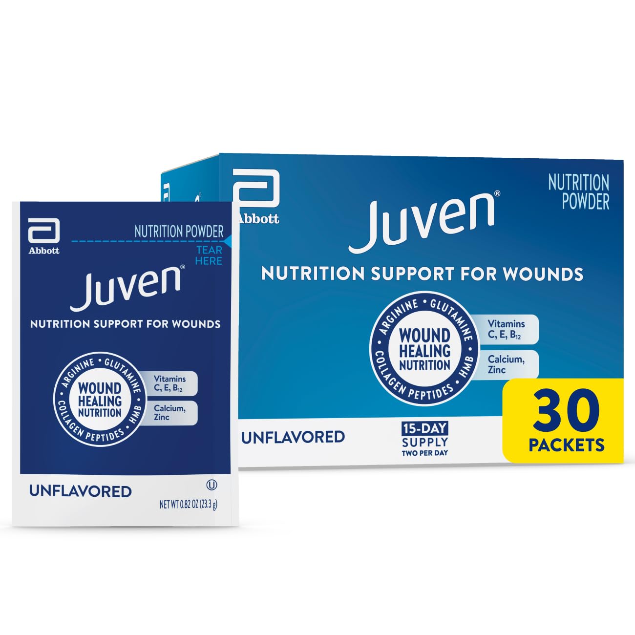 Juven Therapeutic Nutrition Drink Powder Including Collagen Peptides, Amino Acids, and HMB For Wound Healing Support, Unflavored, 30 Packets