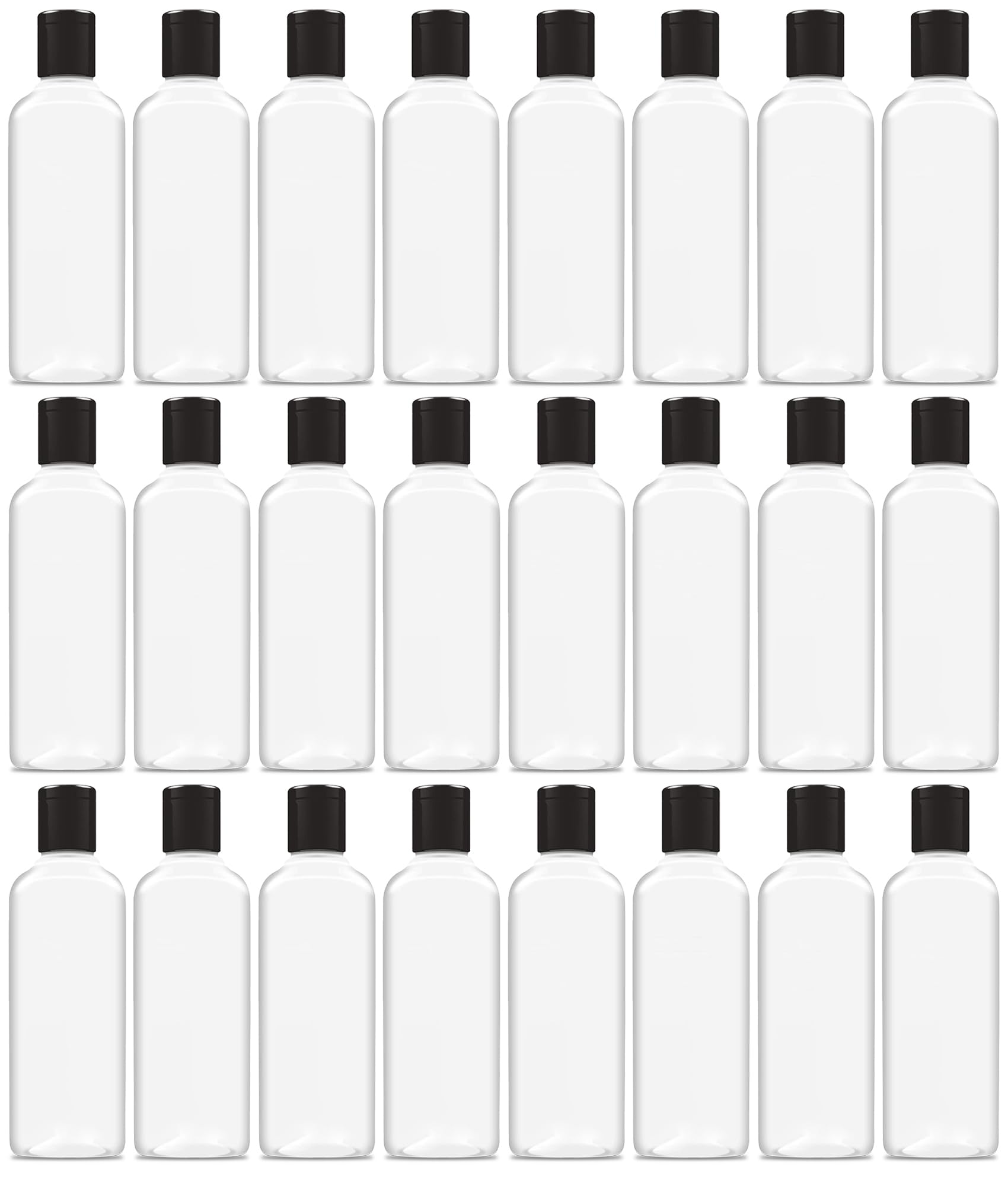 ERZA 200ml Squeeze Bottle with Flip Top Cap, Empty BPA-Free Refillable Container For Shampoo, Lotions, Liquid Soap, Creams, Liquid Cosmetic Travel Size Transparent Bottle, Black Flip-Top, Set of 24