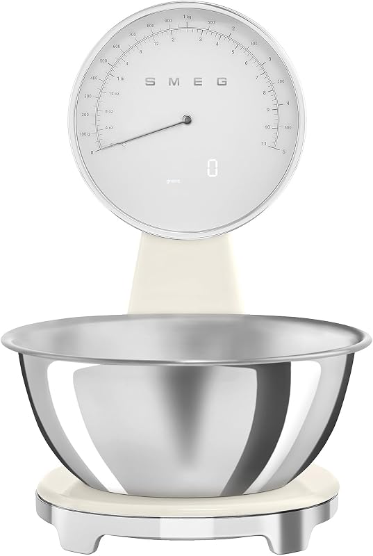 SMEG Retro-Style Analog & Digital Kitchen Scale, 11 lb Capacity, Rechargeable Battery, Backlit LCD Display, Stainless Steel Bowl (Cream)