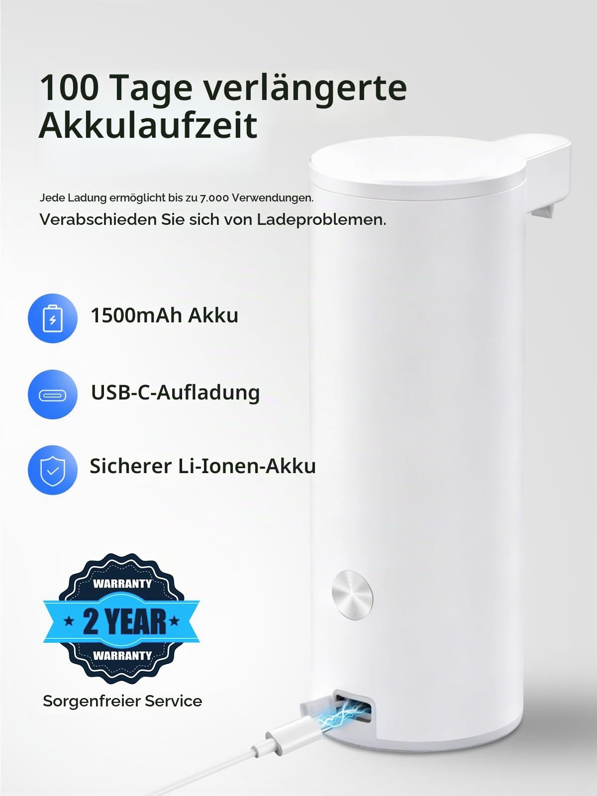 Seifenspender Automatischer Edelstahl Flüssigseifenspender Elektrischer: Seifenspend Automatisch Flüssig mit Sensor Infrarot - USB-C Aufladung Soap Dispenser Set für Bad,Küche, Büro Weiß