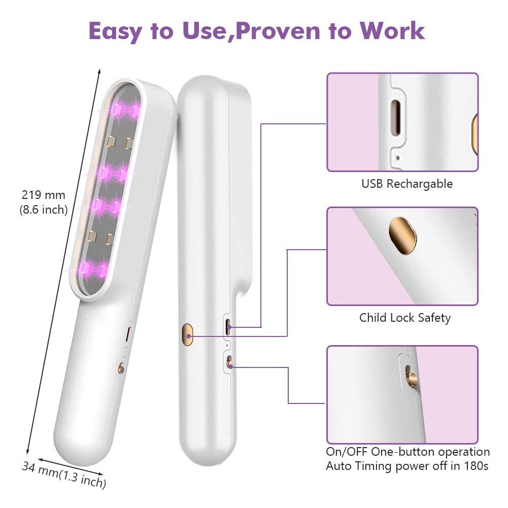 Luz de esterilización UVC portátil, sala de estar del dormitorio Lámpara de mano UV Lámpara de carga USB Varita ultravioleta doméstica para viajes en el hogar,Blanco