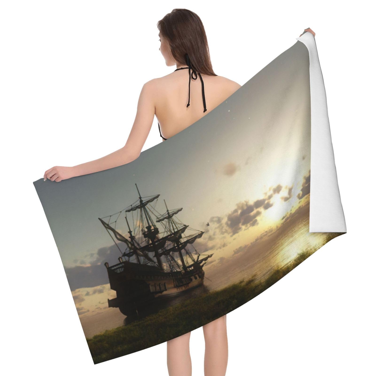 Serviette de plage séchage rapide voyage camping motif bateau et lac