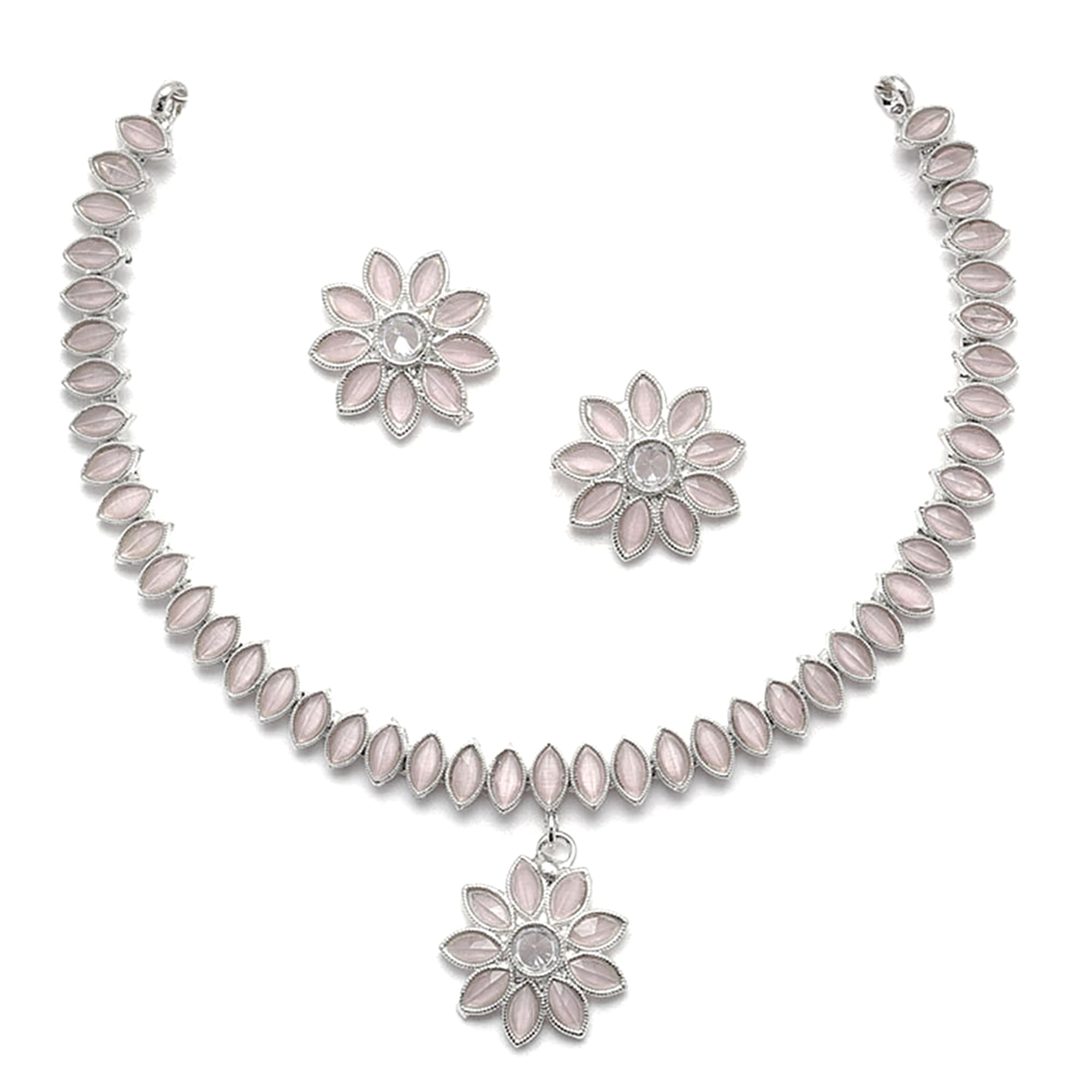 ZENEME Oxidised Silver-Plated Flower & Leaf American Diamond Studded Necklace Earrings Jewellery Set for Girls and Women (Pink) (B0C1TGBGDR) Amazon Price History, Amazon Price Tracker