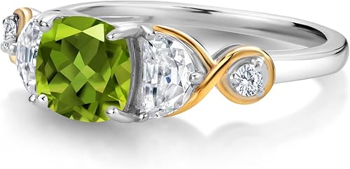 Vista 3 de Gem Stone King Anillo de plata 925 y oro amarillo de 10 quilates, con 3 piedras, peridoto y moissanita media luna (1.51 quilates Cttw)