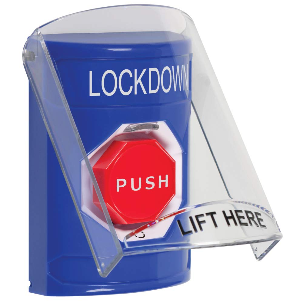 Safety Technology International, Inc. SS2429LD-EN Stopper® Station Push Button with Stopper® Station Shield, Turn-to-Reset, Blue, Lockdown Label