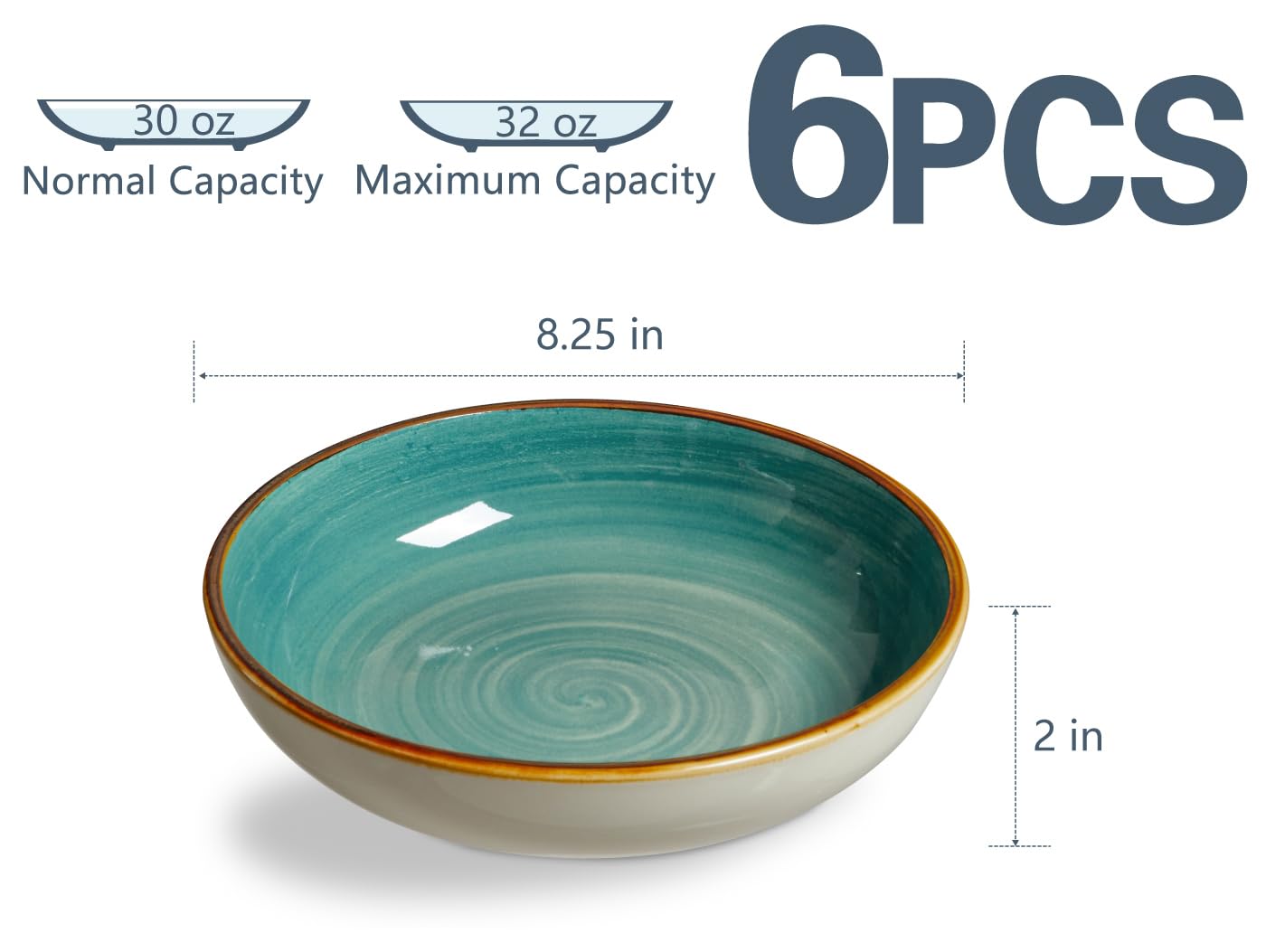 ONEMORE Juego de 6 cuencos de porcelana para ensalada y pasta de 30 onzas, cuencos de cerámica para ensalada, cuencos anchos y poco profundos para sopa, postre, pizza, vajilla de cocina apta para