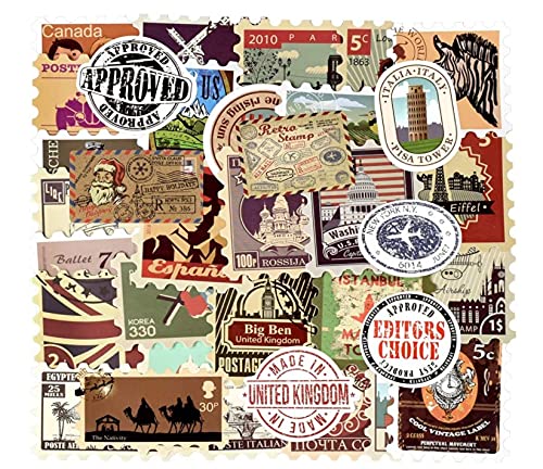 GrabMantra Vintage Waterproof Vinyl Stickers for Laptop Luggage Scrapbook Postcard (50Pcs Stamp Style) (J)