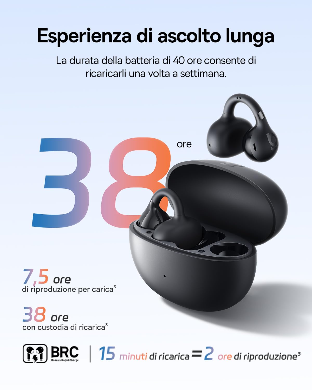Baseus BC1 Auricolari a Orecchio Aperto, Clip per Orecchie, Suono Straordinario, Basso Adattivo, Bluetooth 6.0, Riduzione Rumore in Chiamata, IP55, 38H di Autonomia, Leggeri - Nero Interstellare