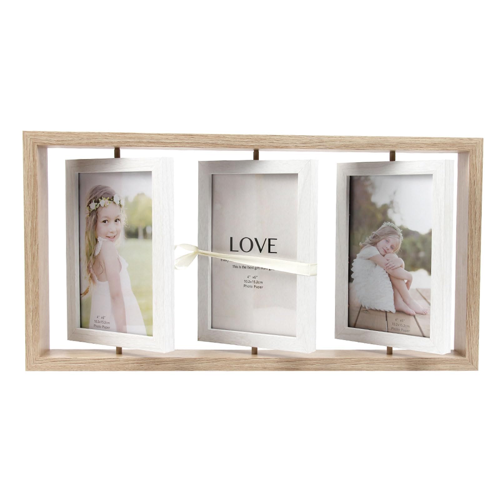 NALACAL Rotating Floating Picture Frame, 4x6 Inch Double-Sided Display Desk Photo Frame, Wooden Triple Picture Frames, Desk Standing Frame for Bedroom Living Room Framing Photo Artwork