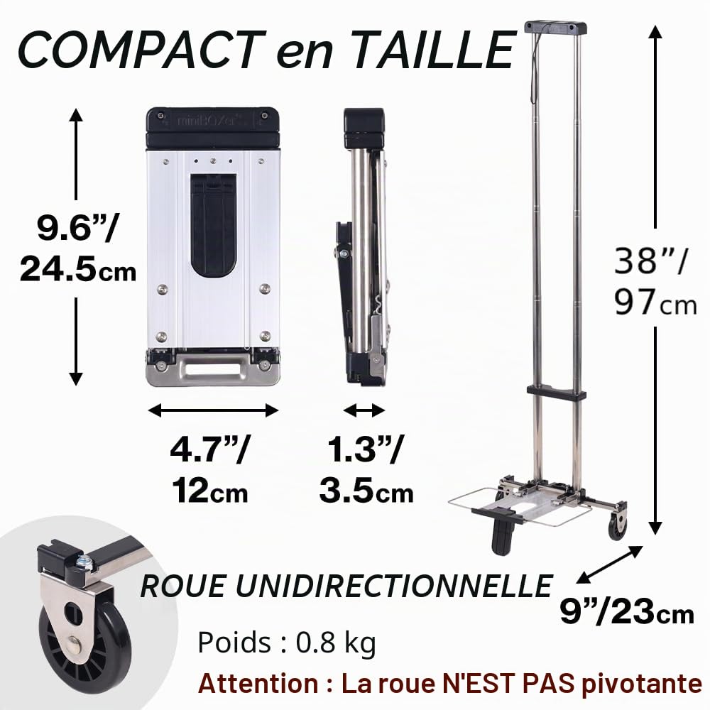 Japard Mini Diable Pliable, Chariot à Bagages avec 2 Roues pouvant Supporter jusqu'à 10 kg, Mallette, Sac à Dos, Voyage d'affaires, Chariot de Bagage Pliable, très Petit Chariot de Transport à Main