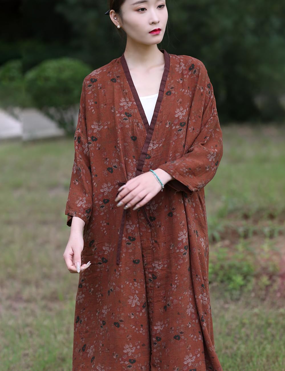 NFYM Leichte Damen-Kimono-Jacke, Baumwollgarn, bedruckt, zum Binden, Vintage, lockere Strickjacke, vorne offen, Trenchcoat, Oberbekleidung