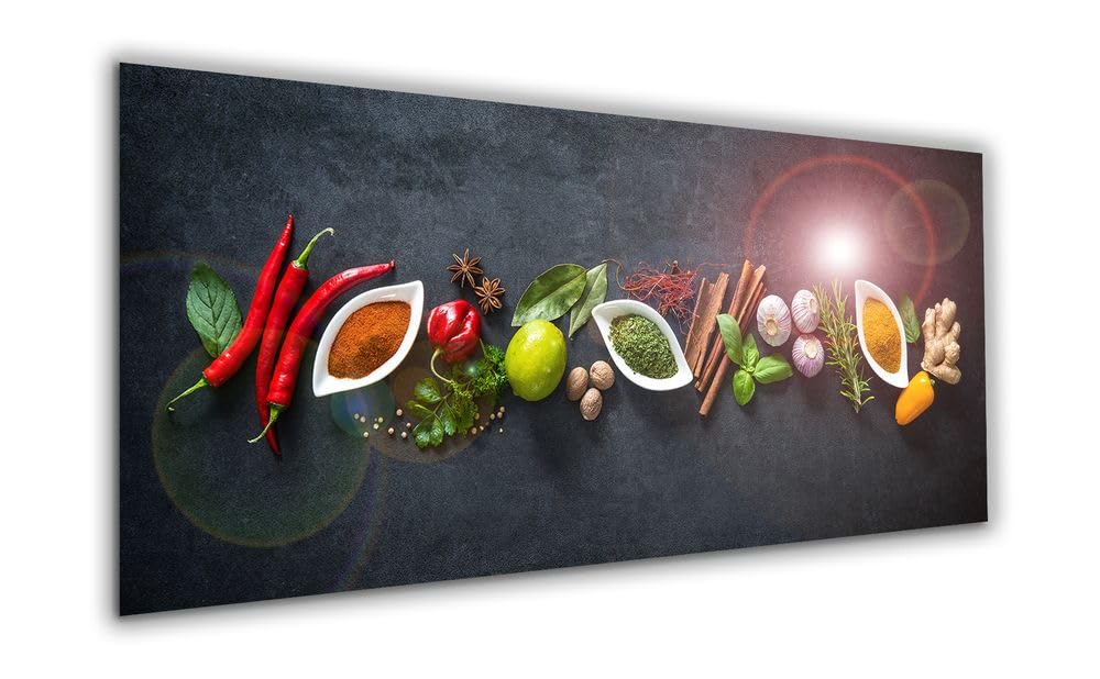 artissimo Bild Küche groß 125x50 cm frische Gewürze Kräuter AG5417A – modernes Glasbild, Küchenbild aus Glas, Wandbild XXL Querformat, Küchendeko dunkel elegant modern