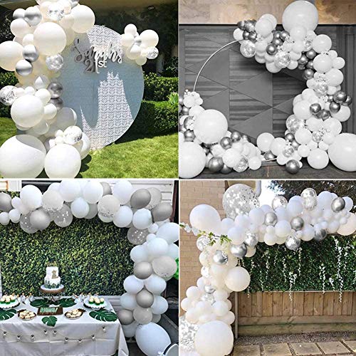 White Silver Birthday Party Latex Balloon Decorations, 66 Pack Silver Metallic Chrome Party Balloon Set with 16ft Strip and Dot Glue for Wedding Birthday Baby Shower Decorations
