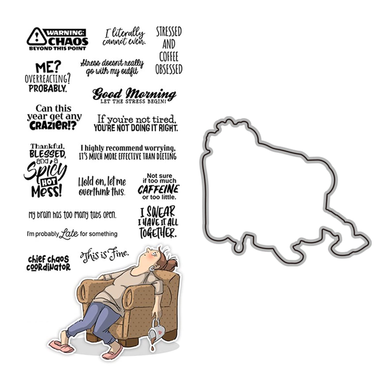 BriartwCoffee Obsessed Slumped On The Sofa Girl Metal Cutting Die and Clear Stamp Set DIY Scrapbooking Embossing Stencil Craft Cardmaking Gift Album Paper Art Decoration