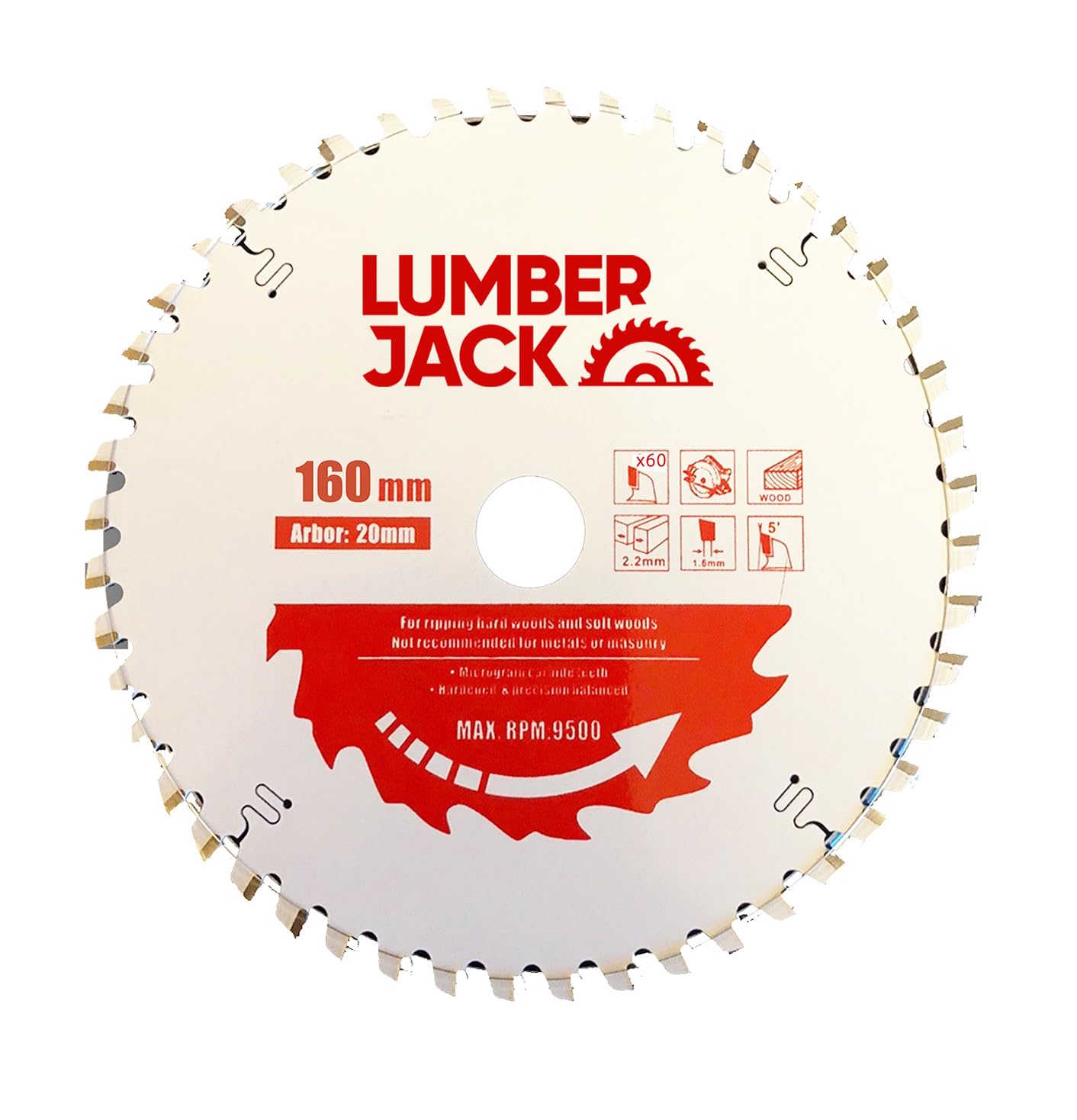 LUMBER JACK 160mm x 20mm x 2.2mm 60 Tooth Circular Saw Blade Fits Festool Plunge saw Track TS55 TSC55, Tungsten Carbide Tipped