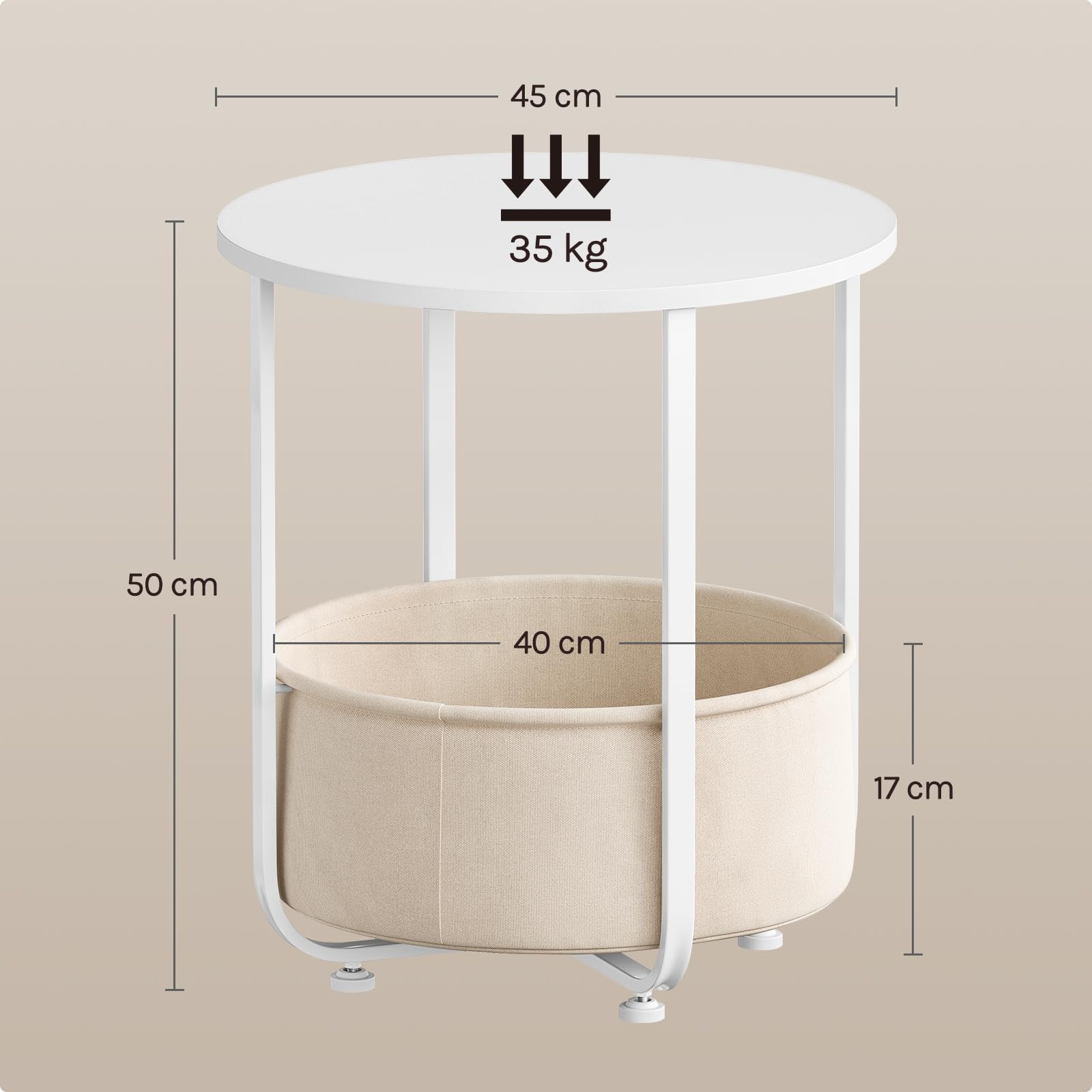 WOLTU Mesita de Cafe Redonda, Mesa Pequeña Auxiliar con Cesta de Lona de Almacenamiento, Estructura de Metal, Mueble Multiuso para Salon, Balcon, Dormitorio, Blanco + Beige