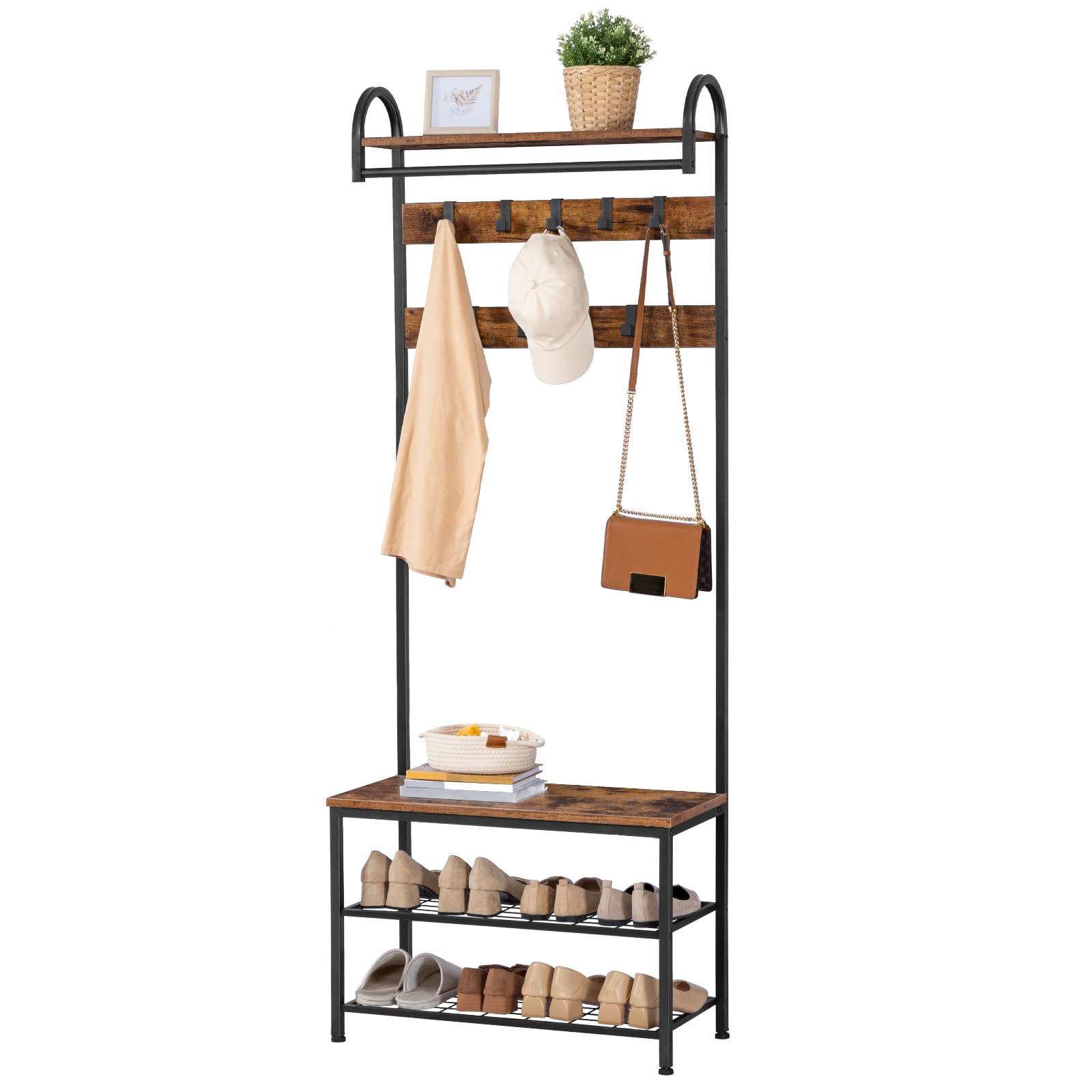 HOOBRO Garderobe, Garderobenständer, Schuhregal mit Sitzfläche, Kleiderständer mit 9 Haken, Sitzbank, Kleiderstange, 182 cm hoch, Flur, Wohnzimmer, Metallrahmen, vintagebraun-schwarz EBF13MT01