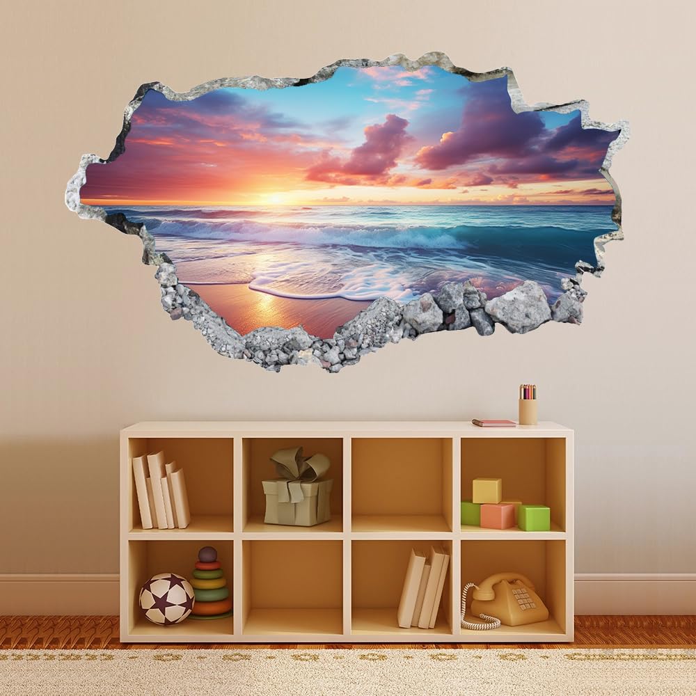 Sticker Mural 3D Plage Autocollant De Tatouage Mural Brisé Décor De Chambre À Coucher Pour Garçons Vue Du Coucher De Soleil Pour Bébé Pépinière Fille Chambre Mur Décors