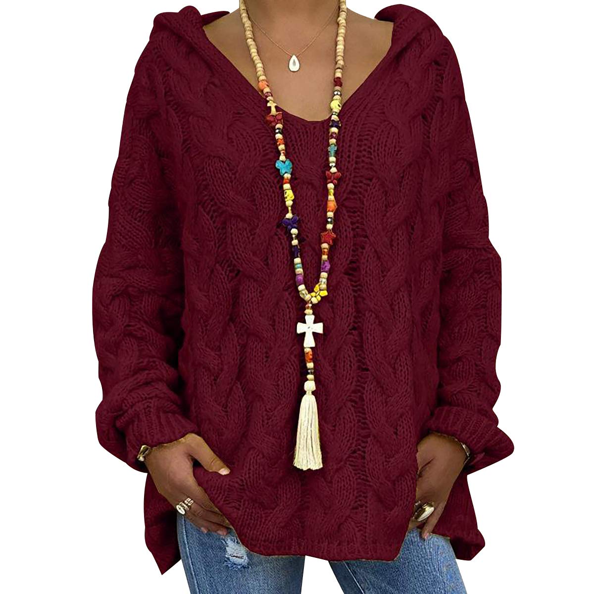 Oversized Cable Knit V Neck Jumper Women Long Jumpers For Women Ladies Baggy Fluffy Knitted Jumpers Womens Sweater Hooded Pullover Hoodie Women Sweaters Pullovers Thick Loose Lady Jumpers Red M
