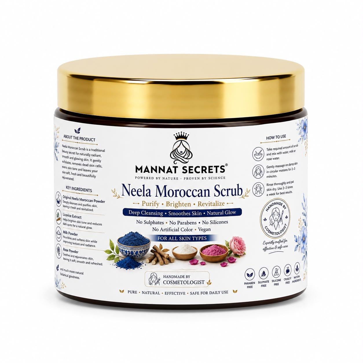 Neela Moroccan Blue Scrub for Face & Body | Skin Brightening, Tan Removal & Deep Exfoliation | Handmade Scrub for Soft & Glowing Skin | 100g-image-1