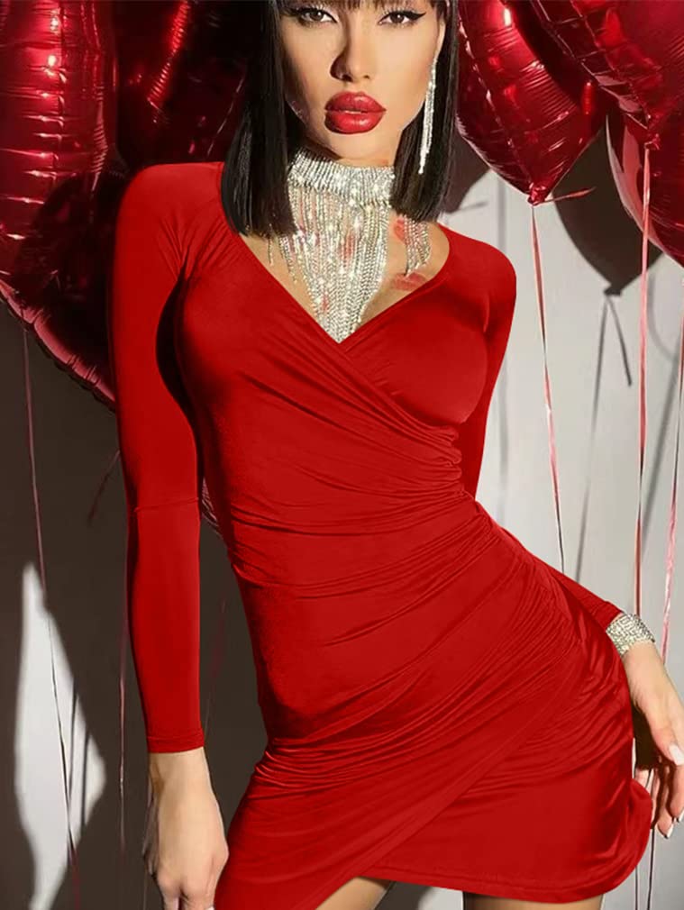 ZileZile Women's Sexy Bodycon Long Sleeve Ruched Deep V Neck Wrap Club Mini Dress