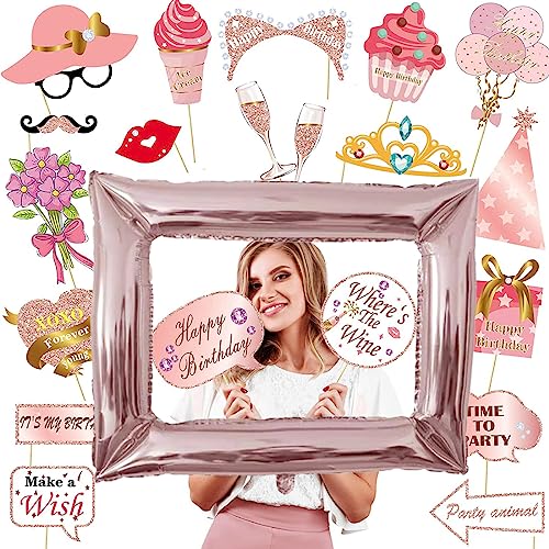 SJBAUTYO 34PCS Kit Accessoires Photobooth Anniversaire avec Cadre Photo Gonflable, Photobooth Props Accessoires de Selfie Décoration