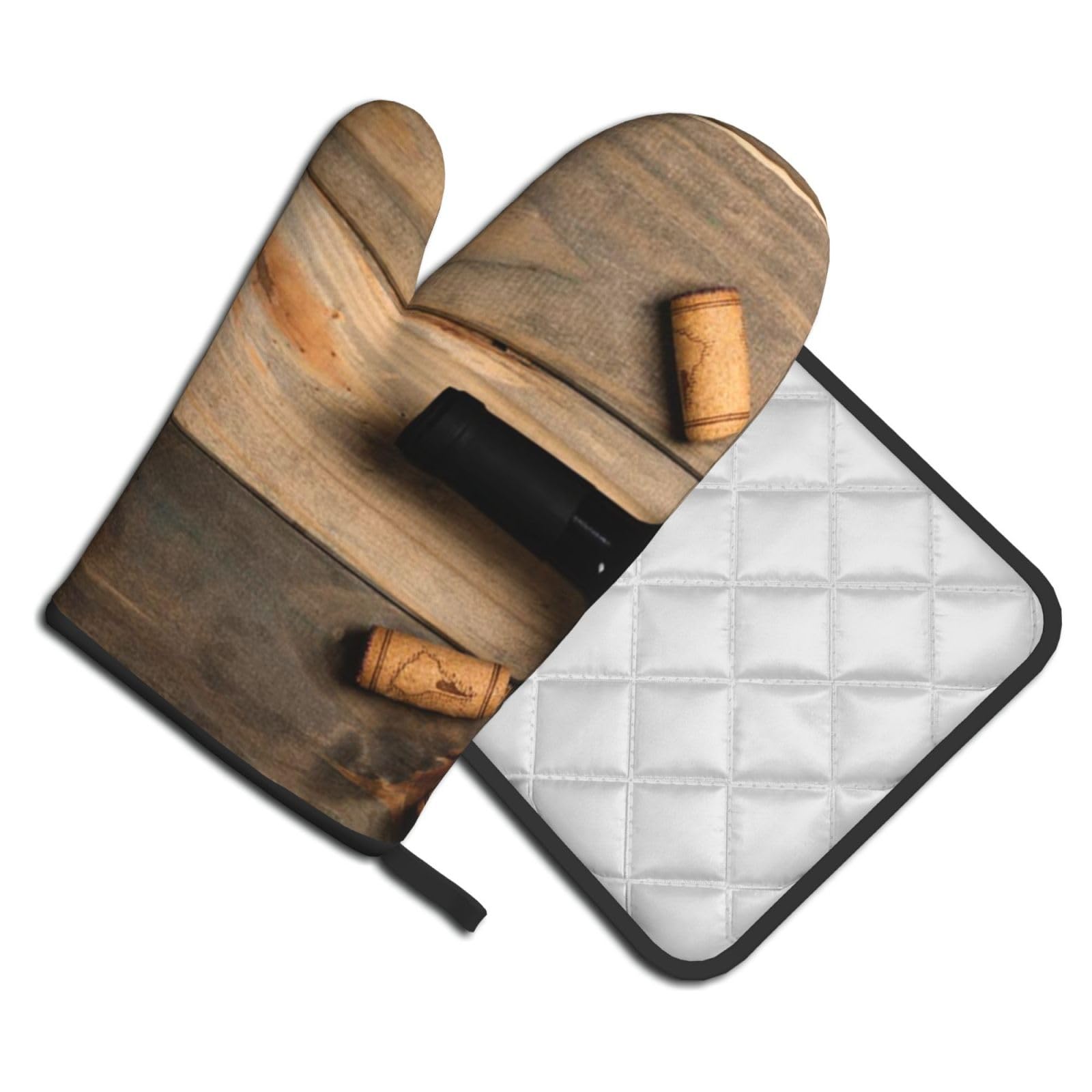 Oven Mitts and Pot Holders Set of 2 Pcs, Wine Bottle Corks Grapes Printed Heat Resistant Kitchen Gloves Potholders for Cooking Baking Grilling