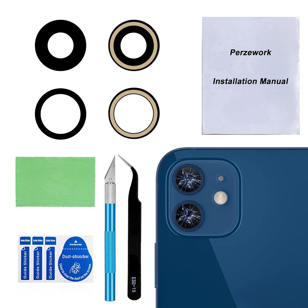 Original Back Rear Camera Lens Glass Replacement for iPhone 12 and iPhone 12 mini with pre-Installed Adhesive and Reparing Toolkit